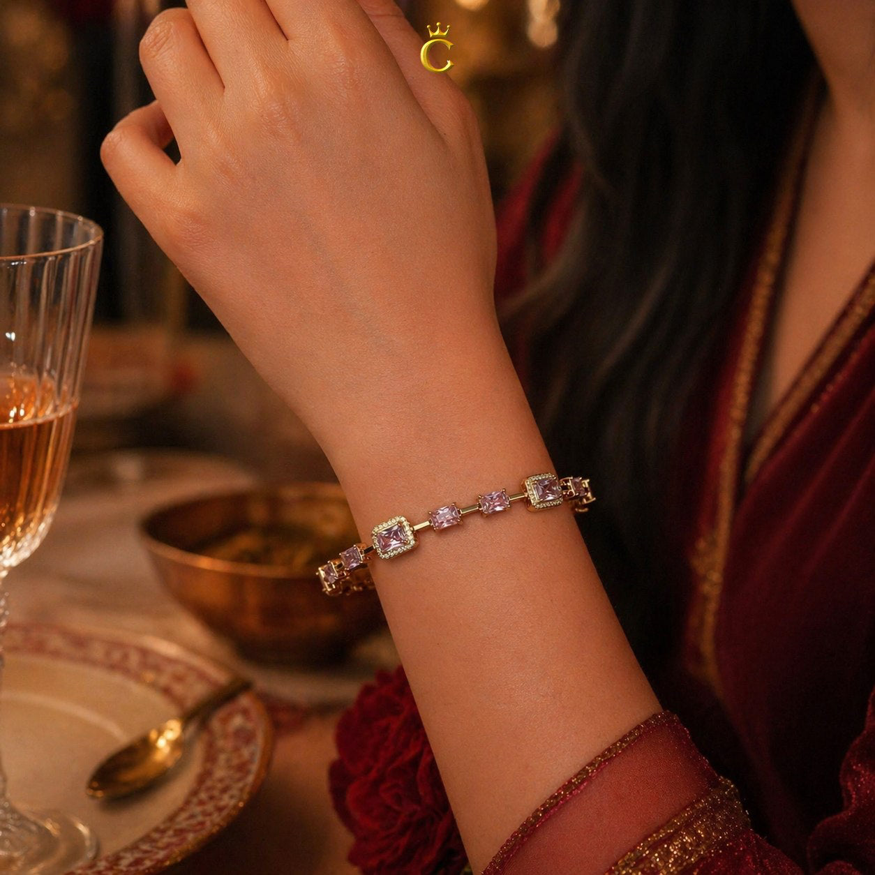 Elegant Pink Emerald Cut Halo Silver Bracelet