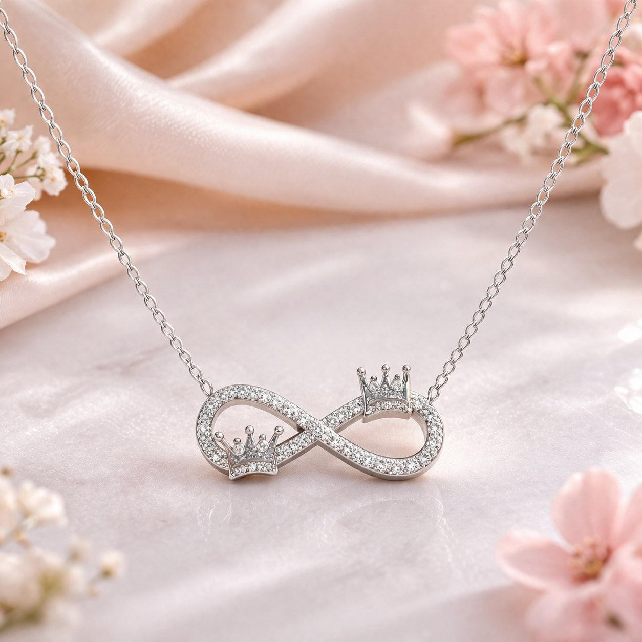 Silver Infinity & Double Crown Necklace