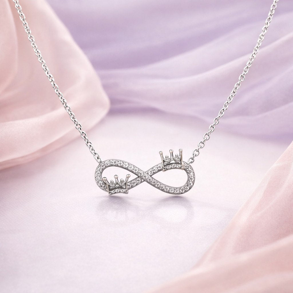 Silver Infinity & Double Crown Necklace