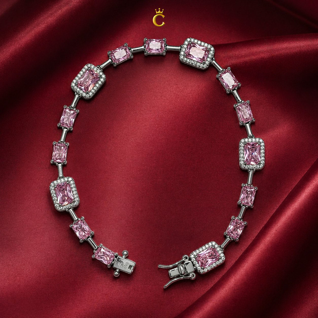 Elegant Pink Emerald Cut Halo Silver Bracelet