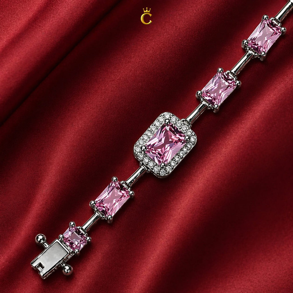 Elegant Pink Emerald Cut Halo Silver Bracelet