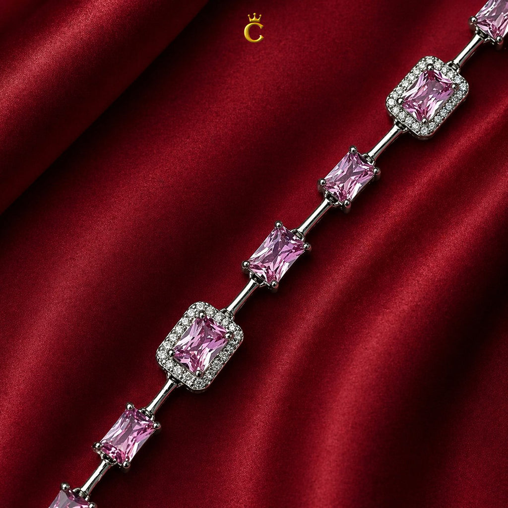 Elegant Pink Emerald Cut Halo Silver Bracelet