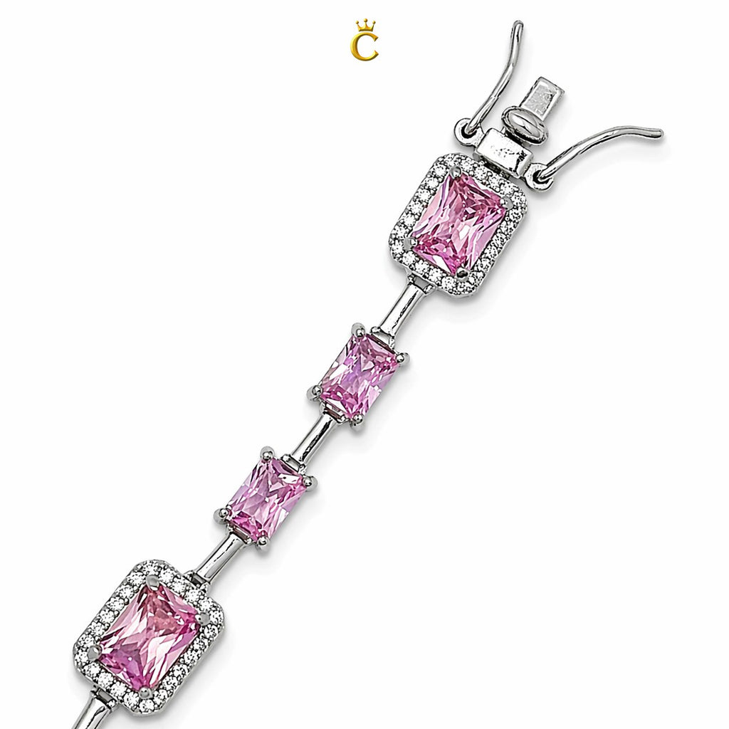 Elegant Pink Emerald Cut Halo Silver Bracelet