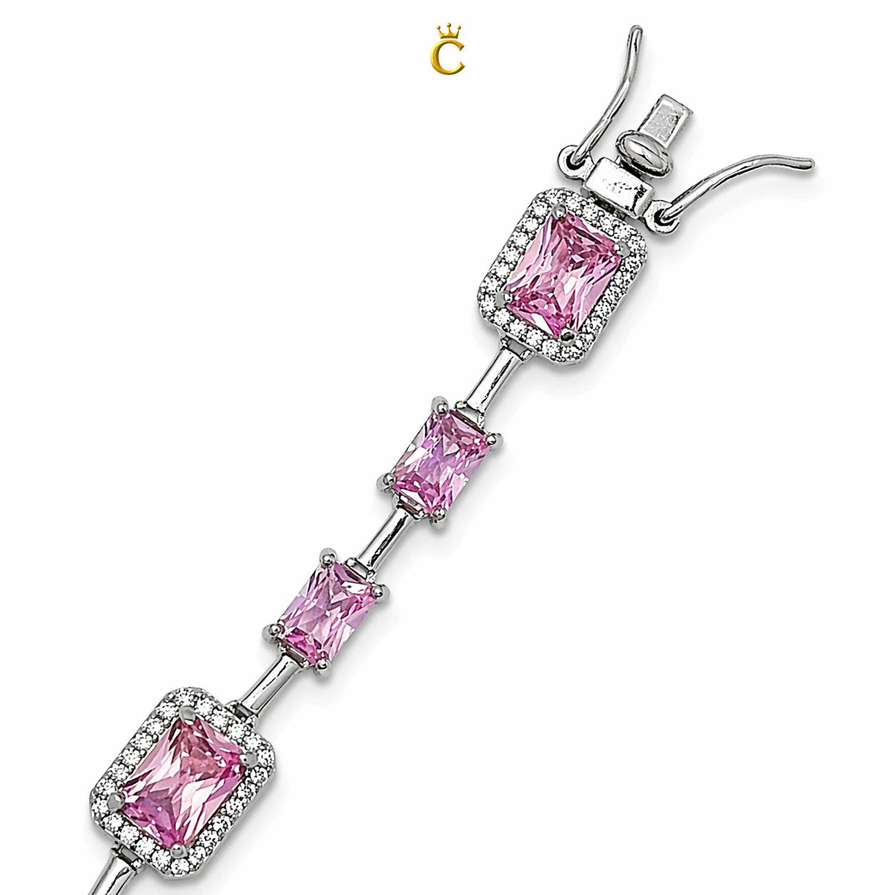 Elegant Pink Emerald Cut Halo Silver Bracelet