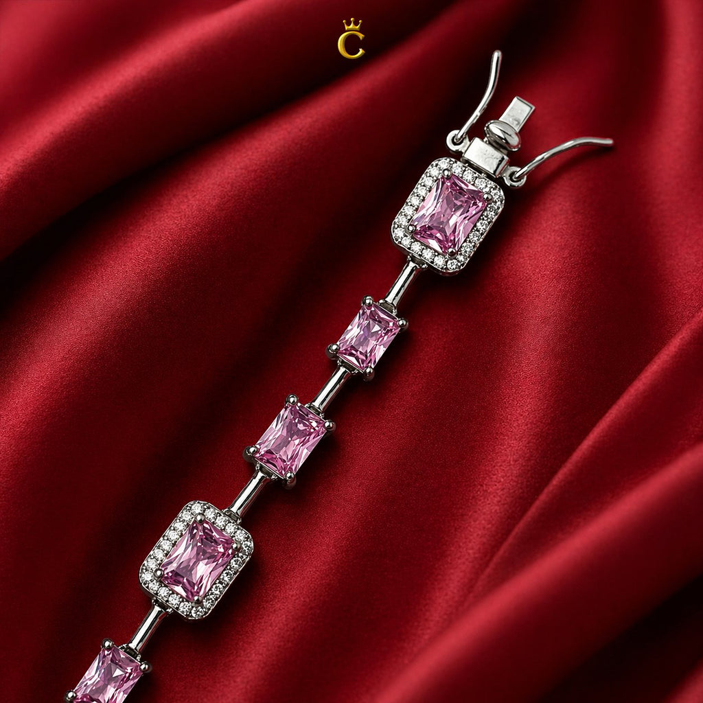 Elegant Pink Emerald Cut Halo Silver Bracelet