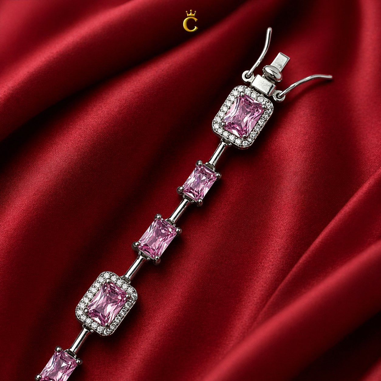Elegant Pink Emerald Cut Halo Silver Bracelet