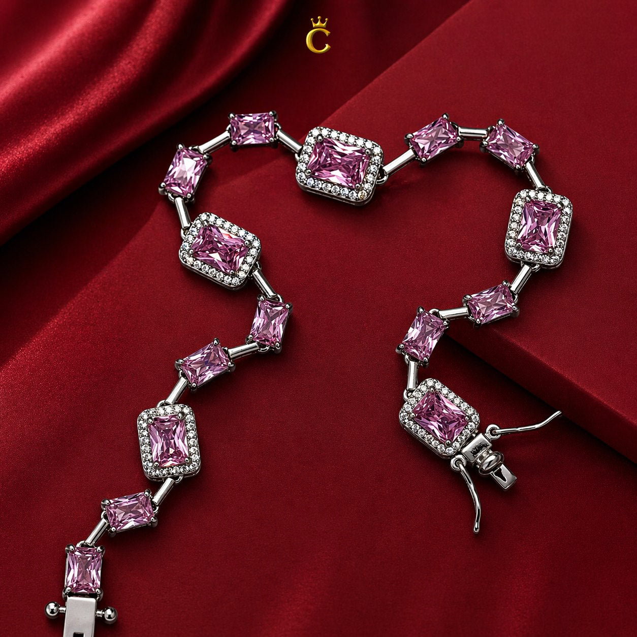 Elegant Pink Emerald Cut Halo Silver Bracelet