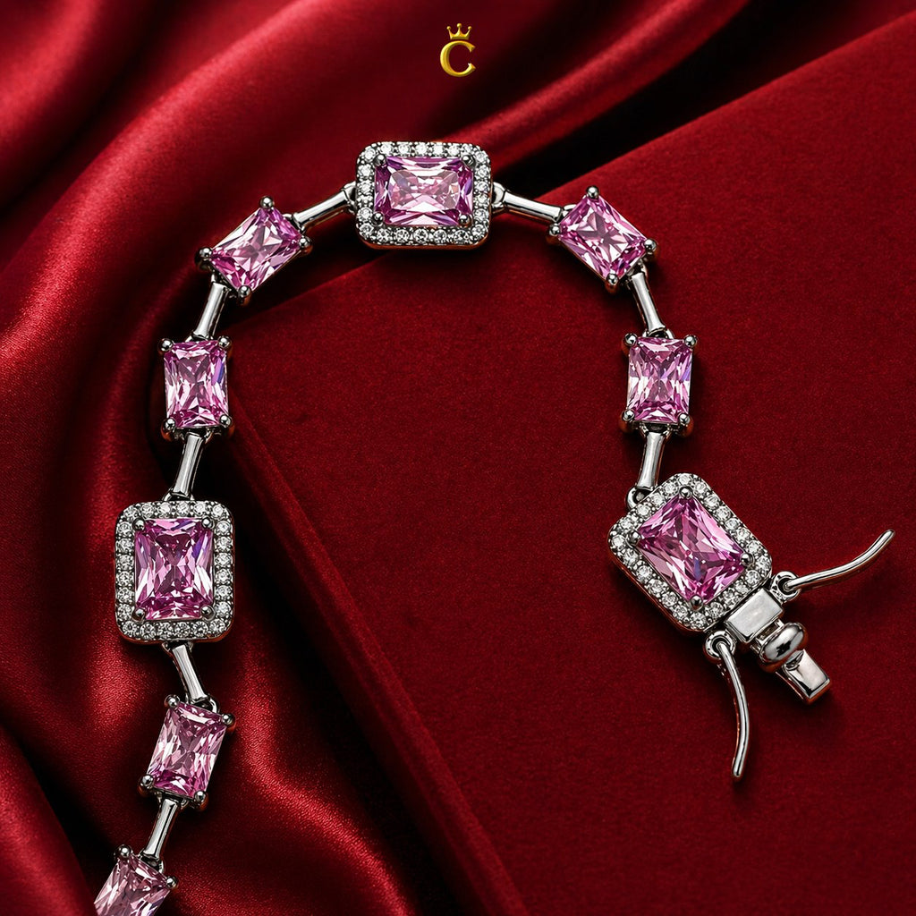 Elegant Pink Emerald Cut Halo Silver Bracelet