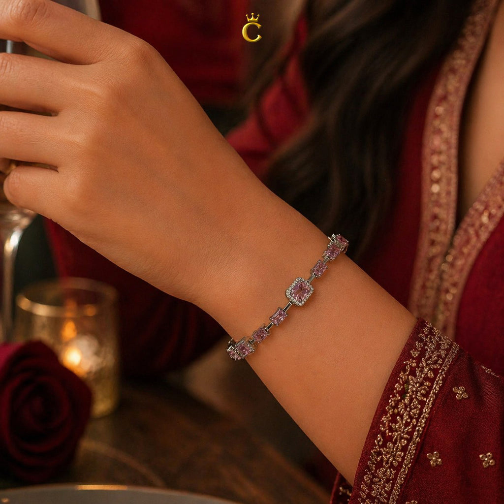 Elegant Pink Emerald Cut Halo Silver Bracelet
