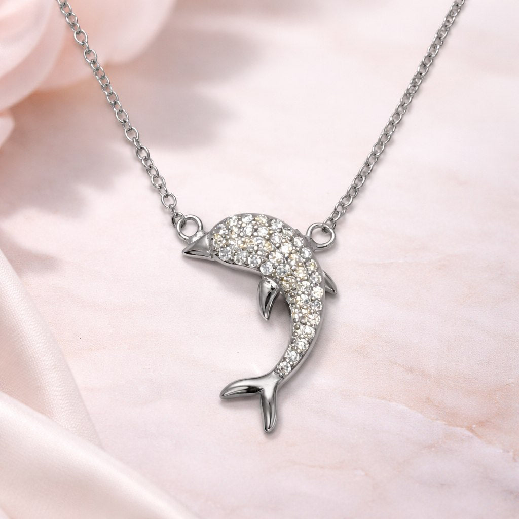 Sparkling Dolphin Silver Pendant Necklace