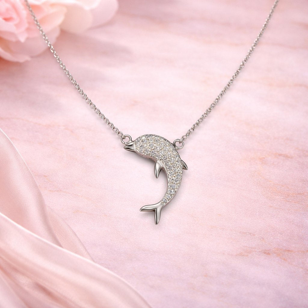 Sparkling Dolphin Silver Pendant Necklace
