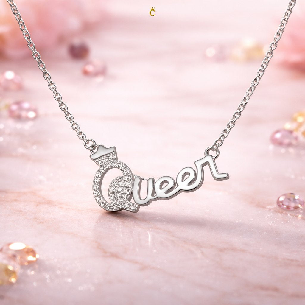 Silver Queen Crown Script Necklace
