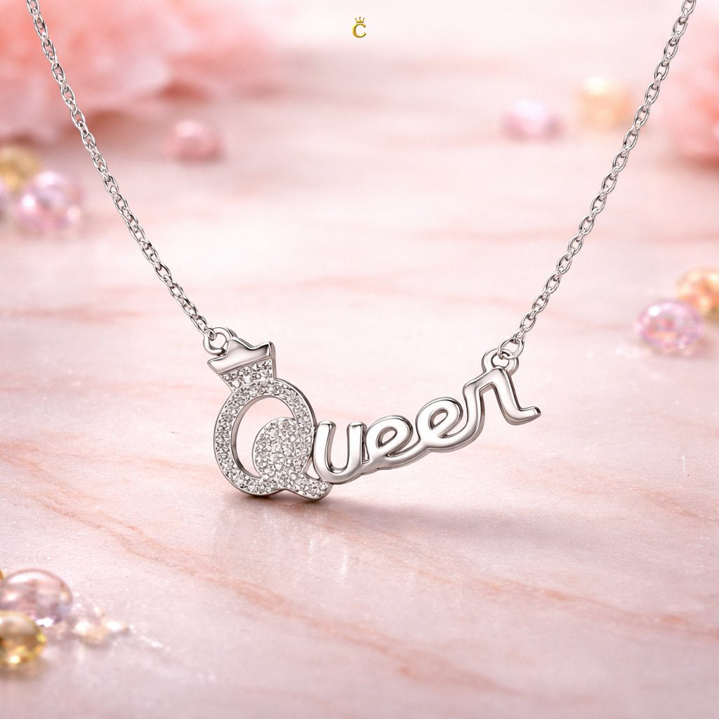Silver Queen Crown Script Necklace