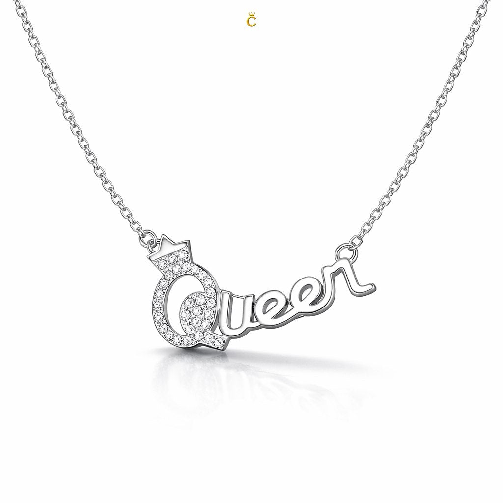 Silver Queen Crown Script Necklace