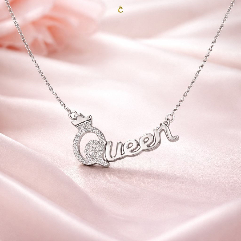 Silver Queen Crown Script Necklace