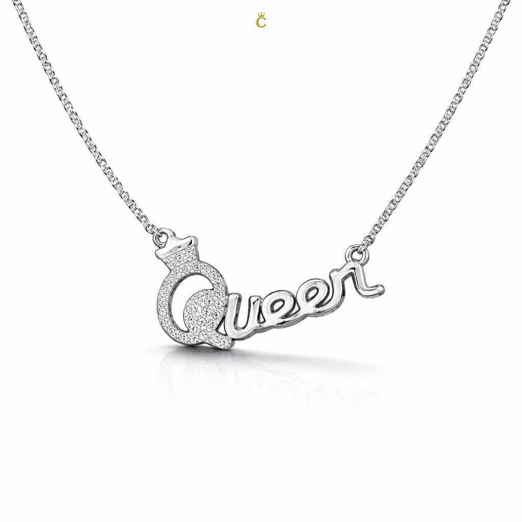 Silver Queen Crown Script Necklace
