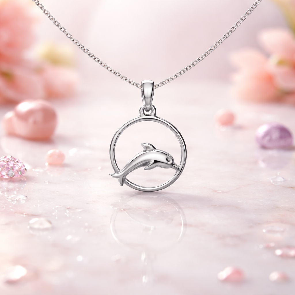 Silver Leaping Dolphin Open Circle pendant