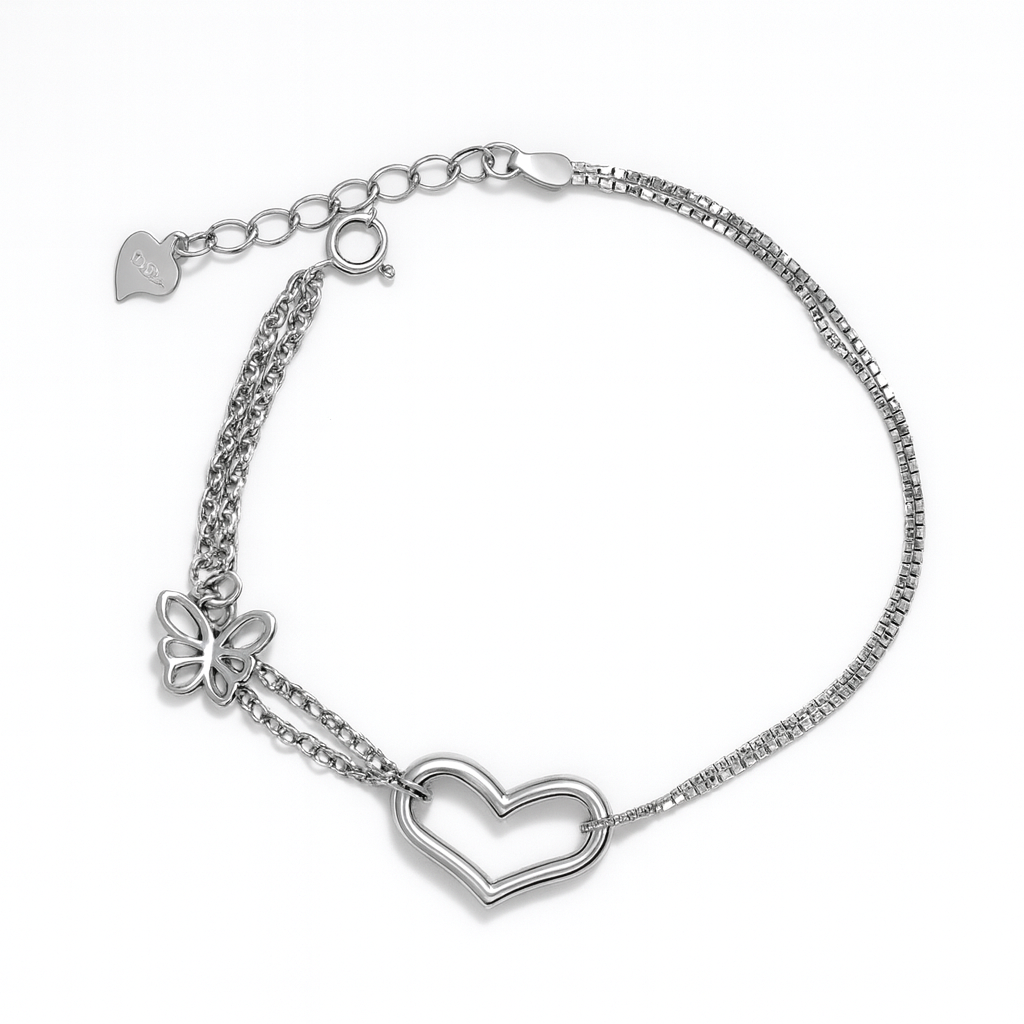 Butterfly & Heart Silver Double Strand Bracelet