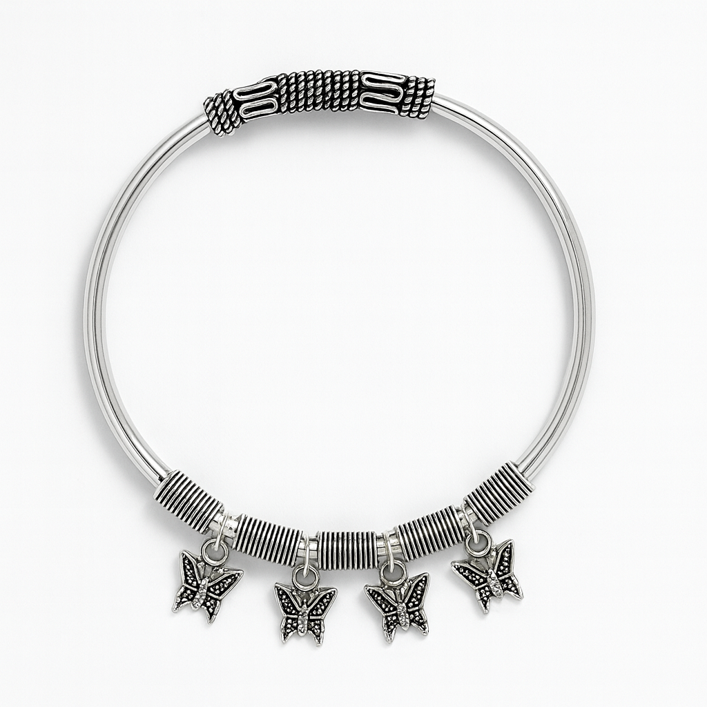 Silver Butterfly Charm Bangle with Textured Accents