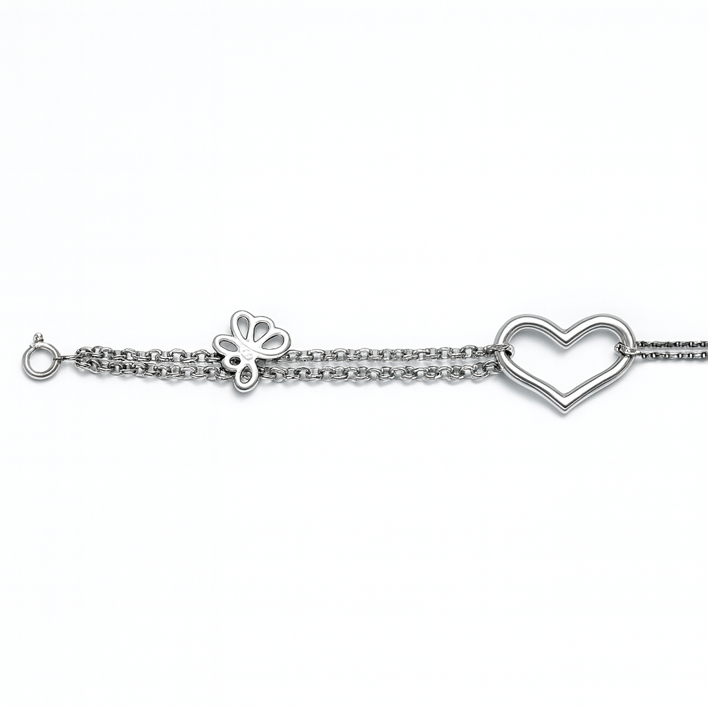 Butterfly & Heart Silver Double Strand Bracelet