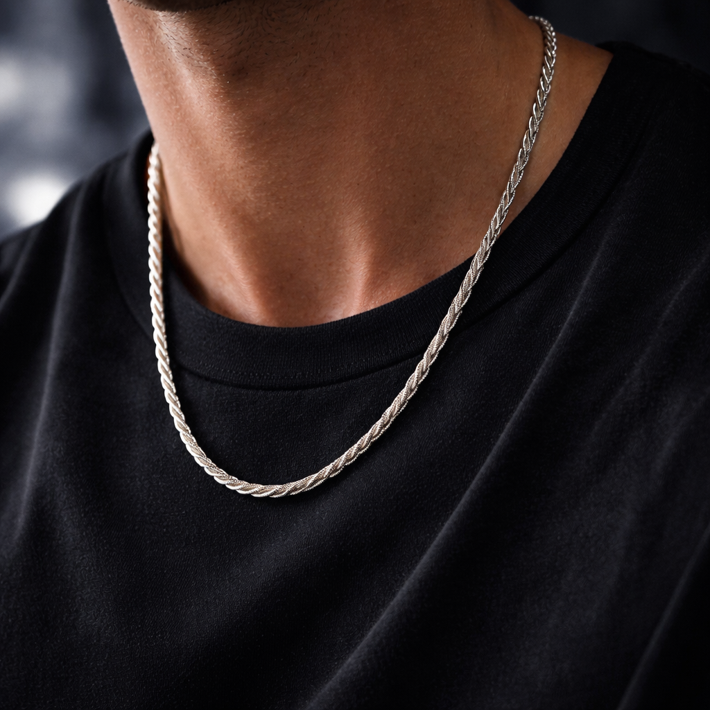 Men's Braided Silver Chain Necklace
