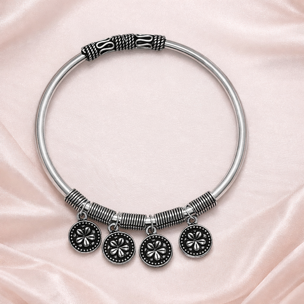 Antiqued Floral Charm Silver Bangle