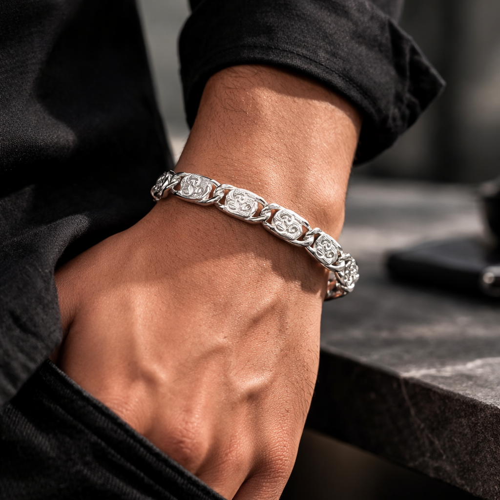 Men's Om Engraved Silver Link Bracelet