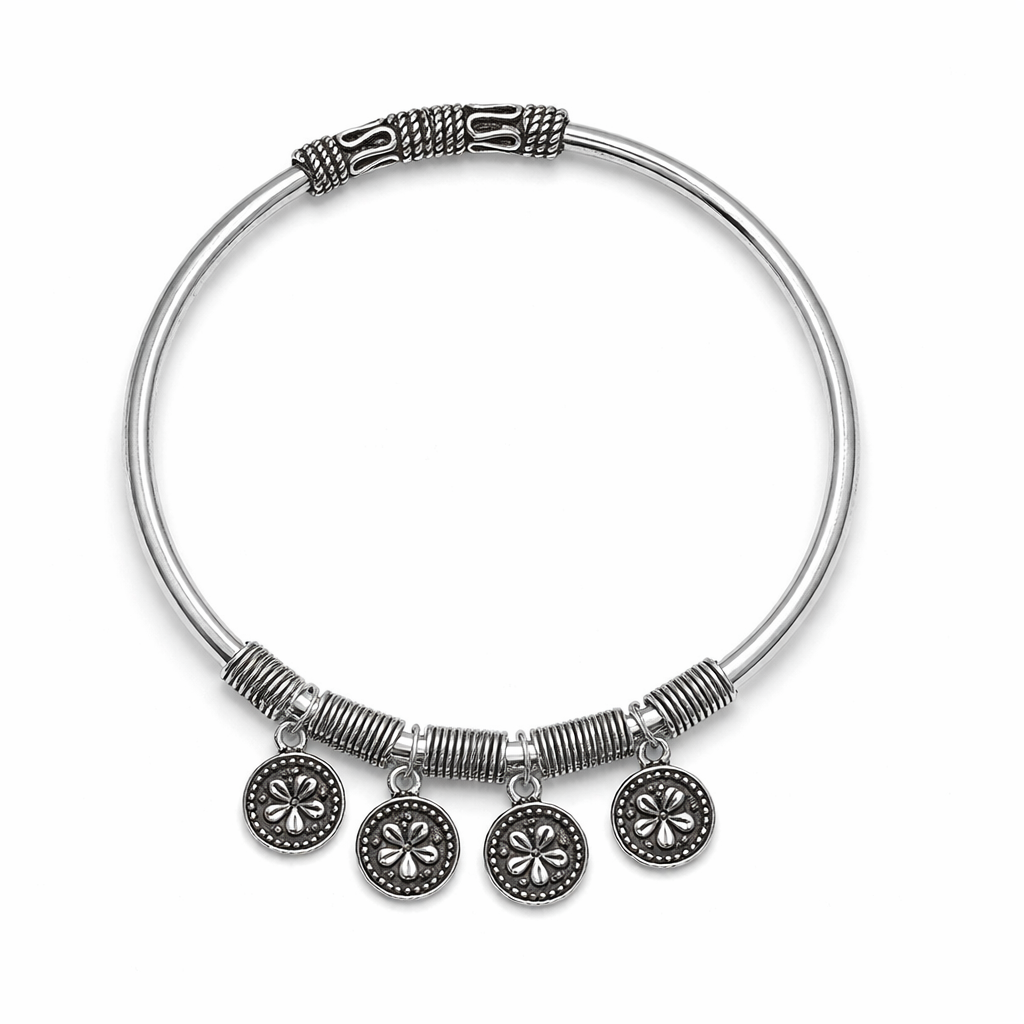 Antiqued Floral Charm Silver Bangle