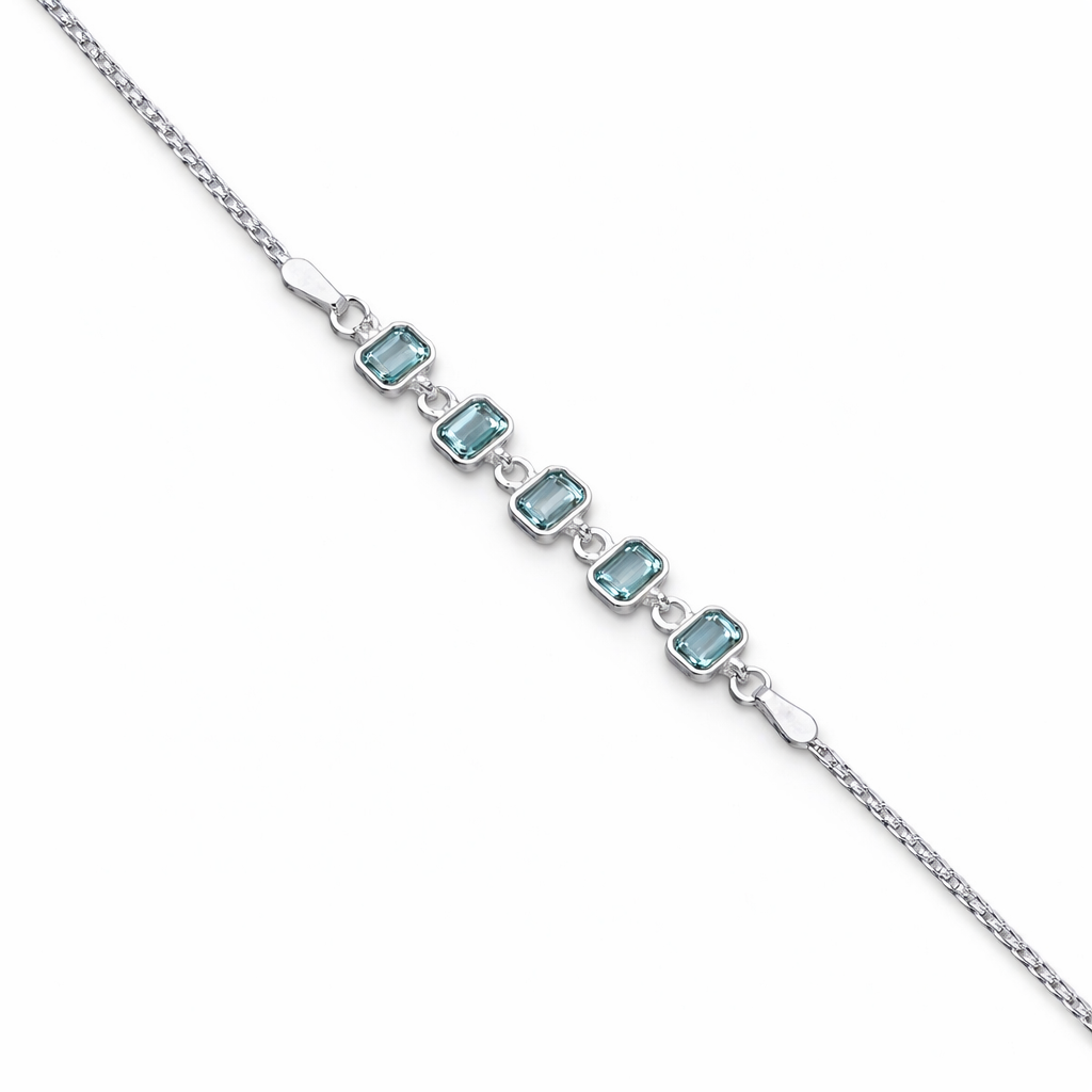 Emerald Cut Blue Gemstone Silver Anklet