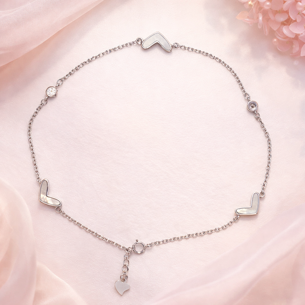 Silver Heart and Chevron Charm Anklet