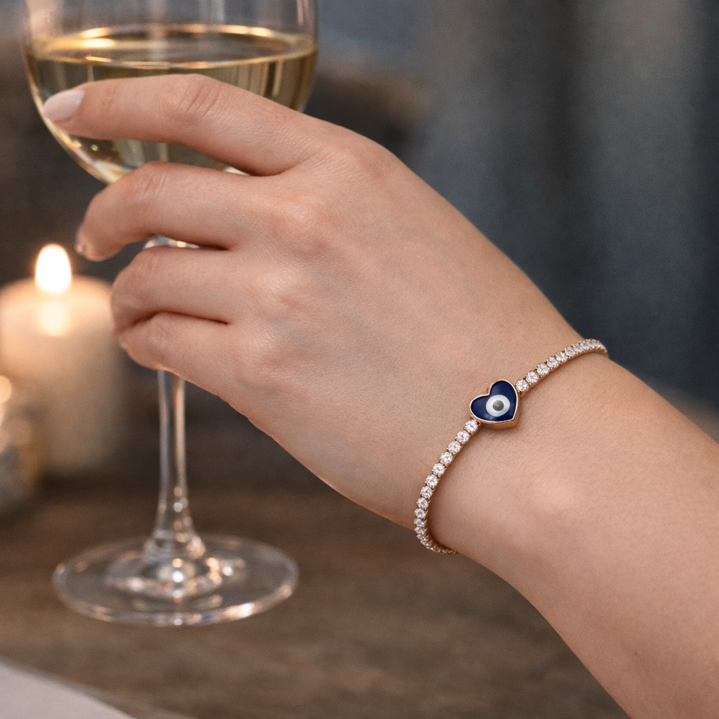 Silver Heart Evil Eye Tennis Bracelet