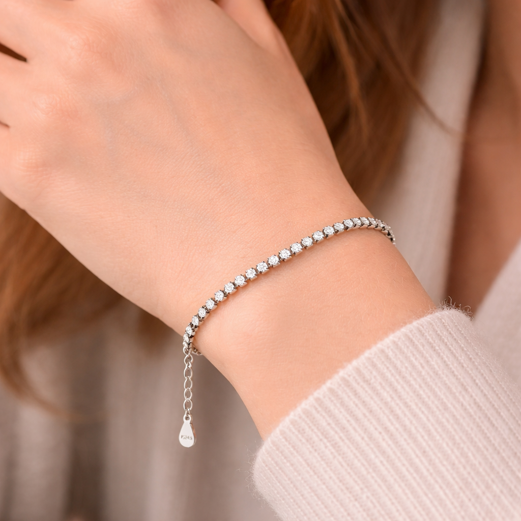 Interlocking Heart Charm Silver Tennis Bracelet