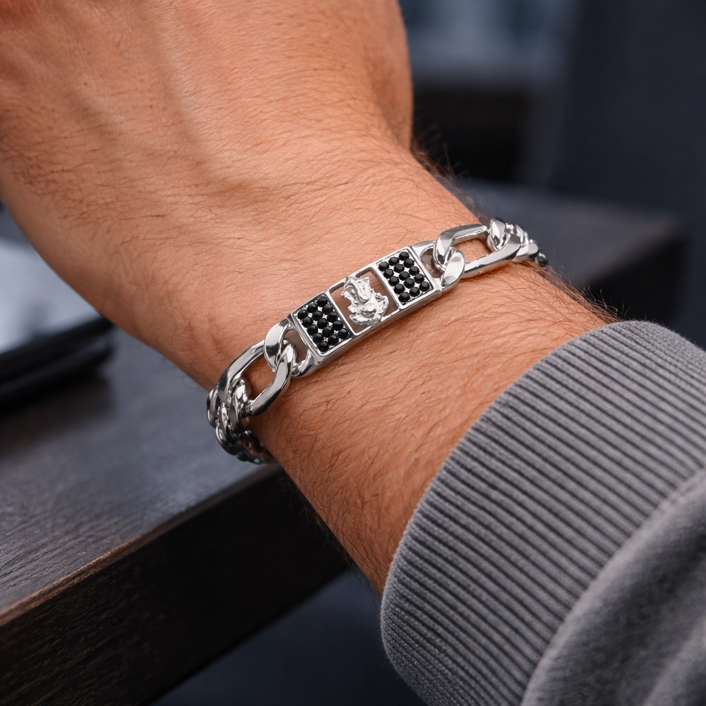 Divine Ganesha Silver Bracelet with Black Accents