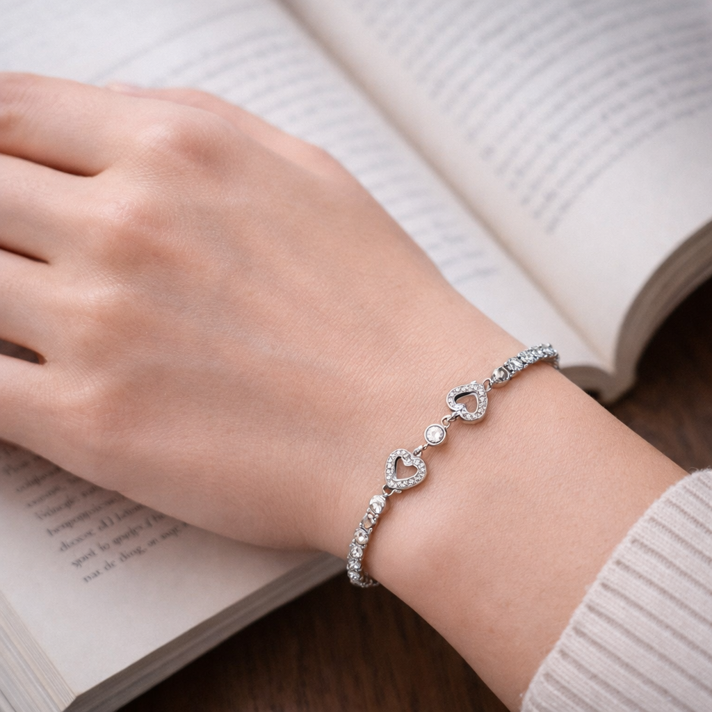Double Heart Silver Tennis Bracelet