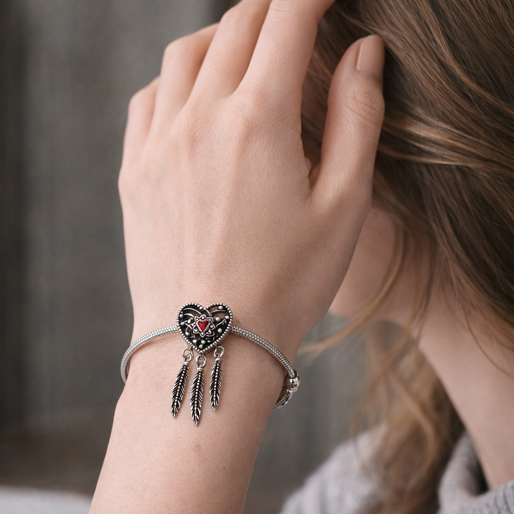 Dreamcatcher Heart Silver Bracelet with Red Accent and Feathers
