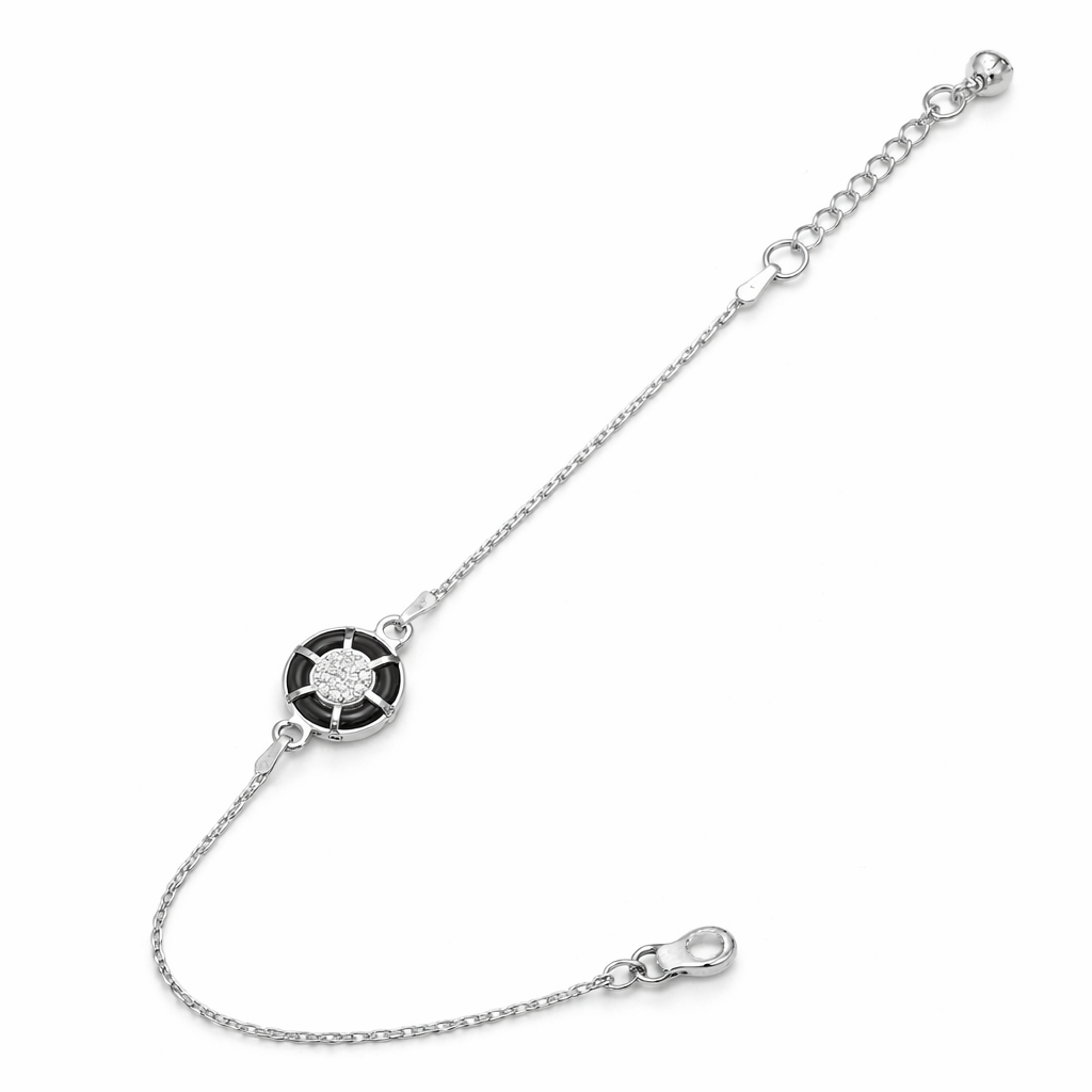 Compass Circle Silver Anklet with Black Detail