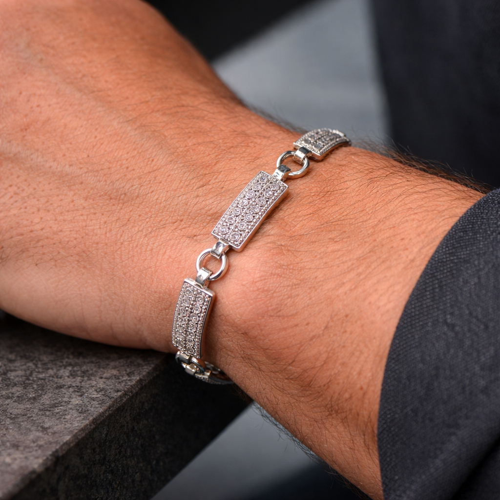 Men's Pavé Bar Link Silver Bracelet