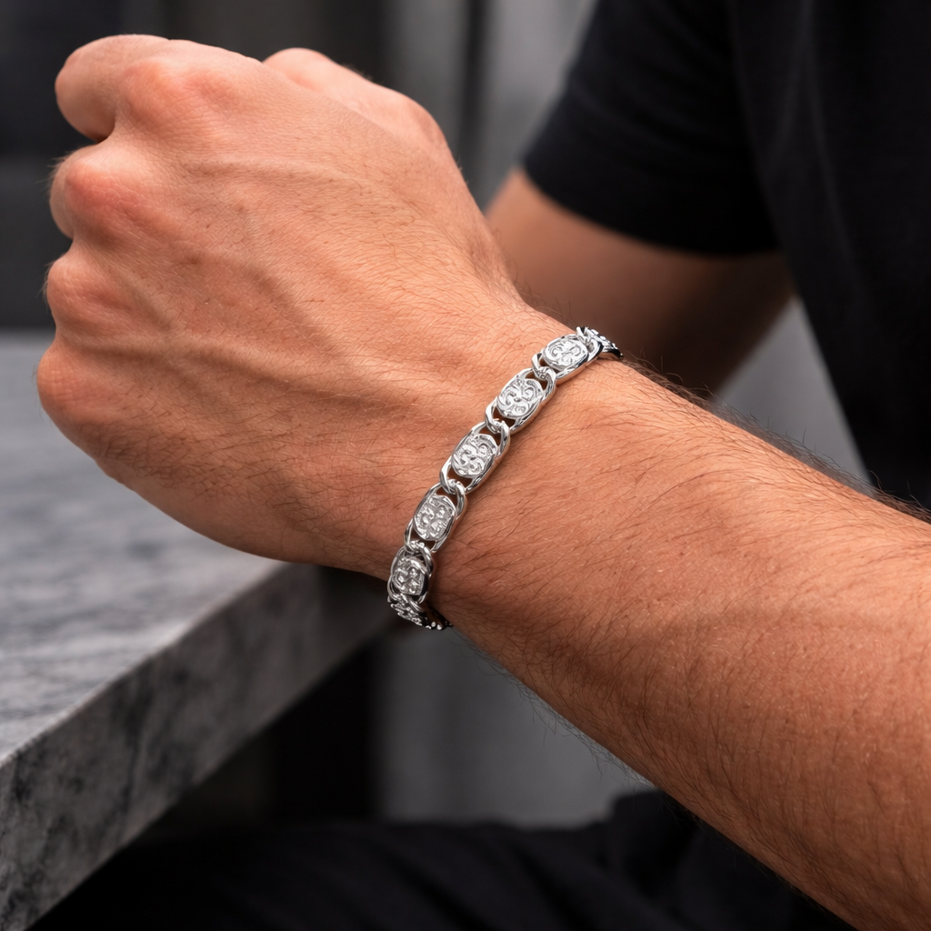 Men's Om Engraved Silver Link Bracelet
