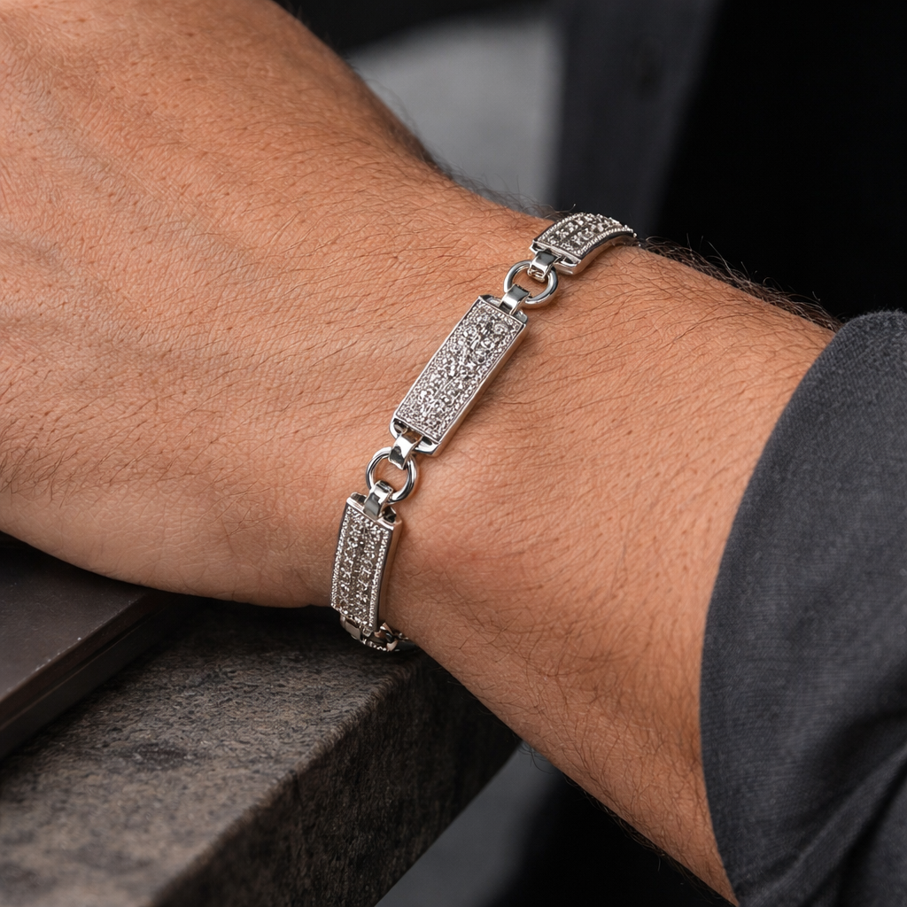 Men's Pavé Bar Link Silver Bracelet