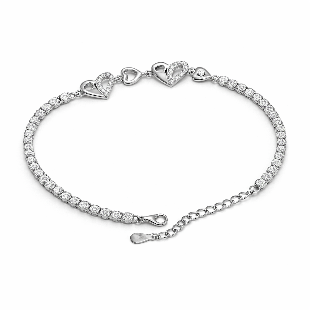 Interlocking Heart Tennis Silver Bracelet