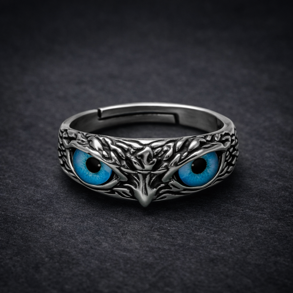 Vivid Blue-Eyed Owl Adjustable Silver Ring