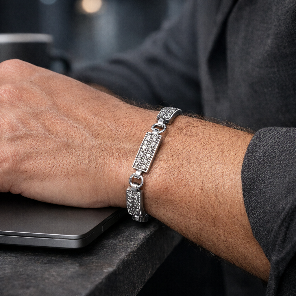 Men's Pavé Bar Link Silver Bracelet