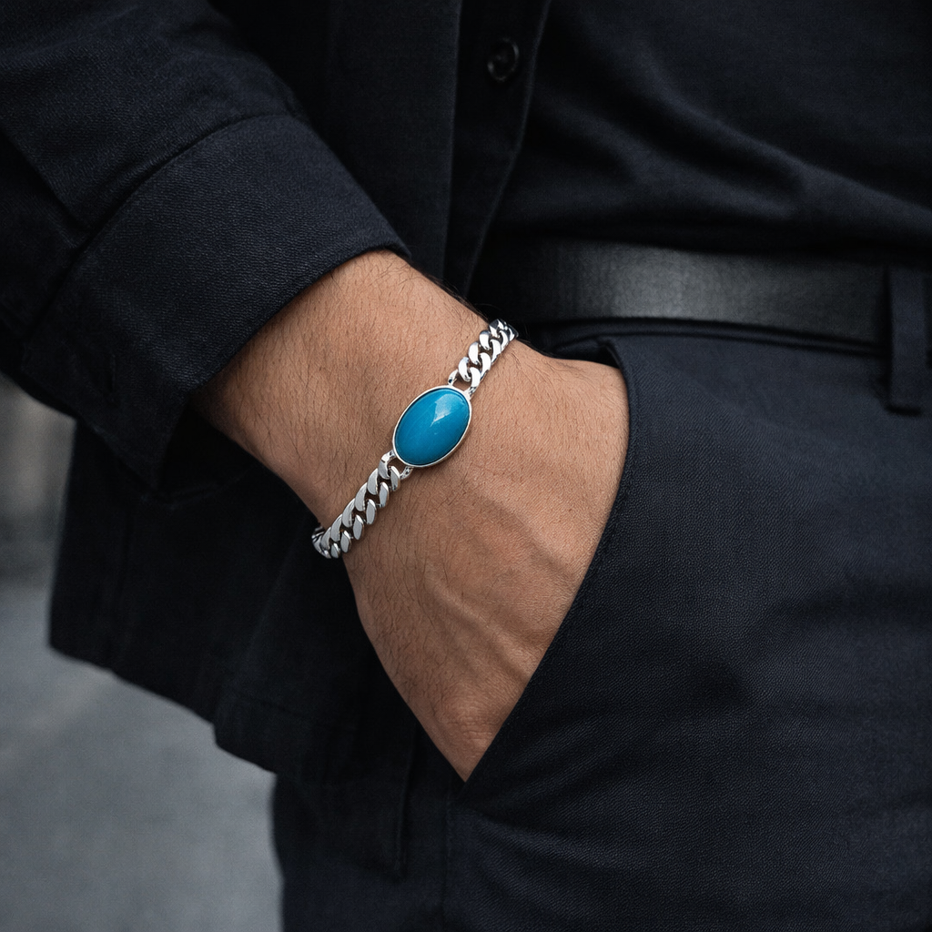 Men's Silver Curb Link Bracelet with Oval Turquoise