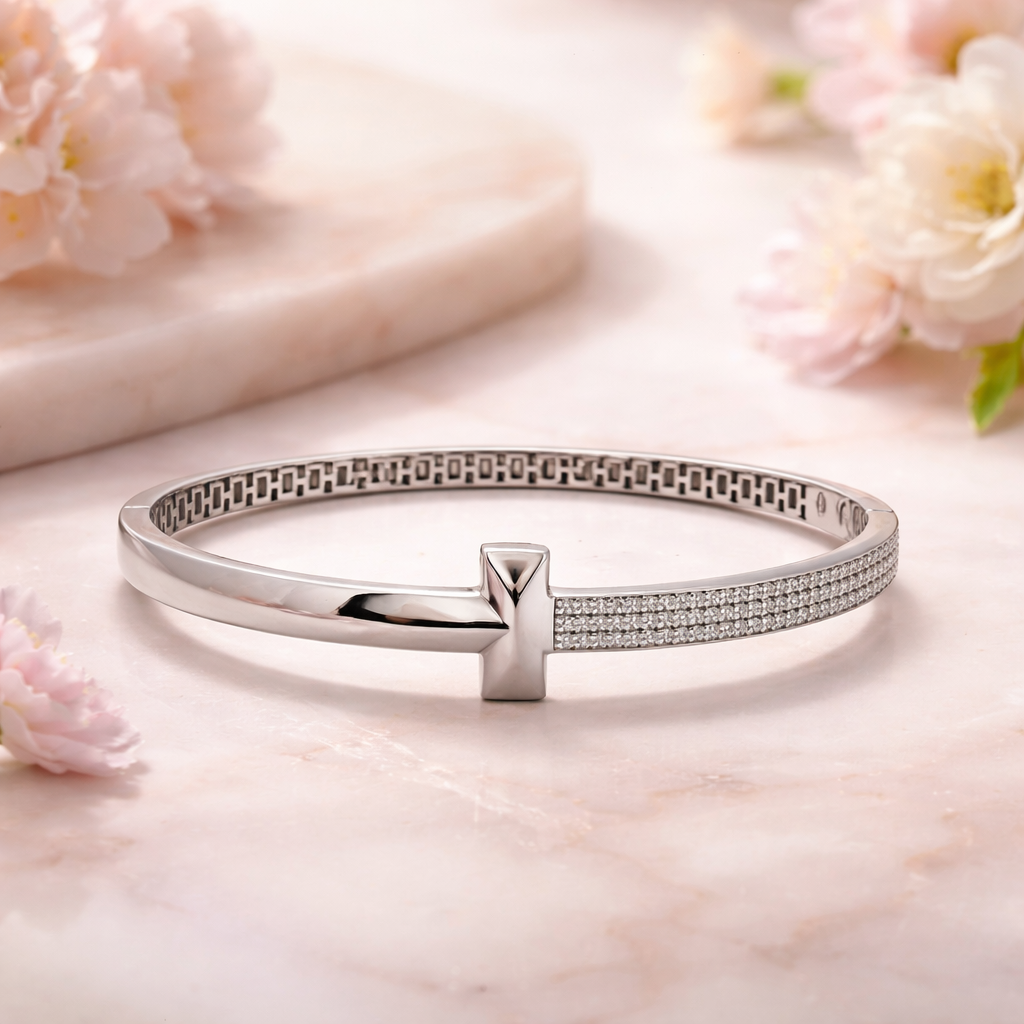 Elegance Pavé T-Bar Silver Bangle