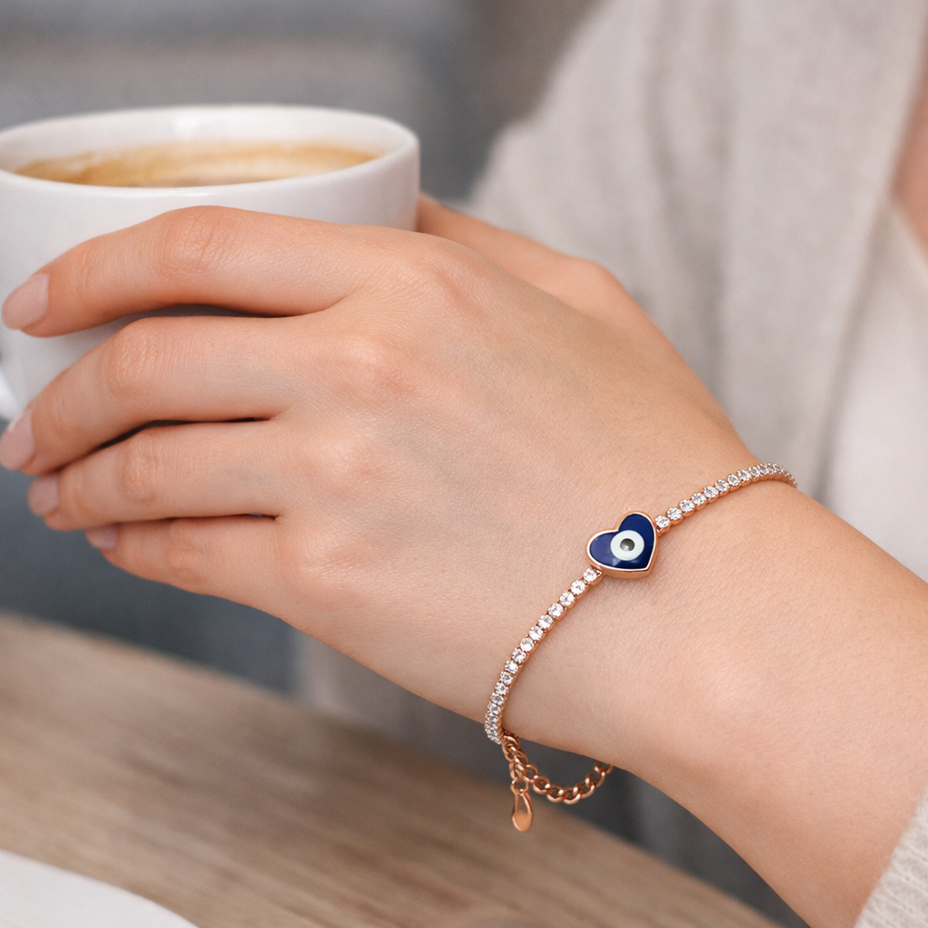 Silver Heart Evil Eye Tennis Bracelet