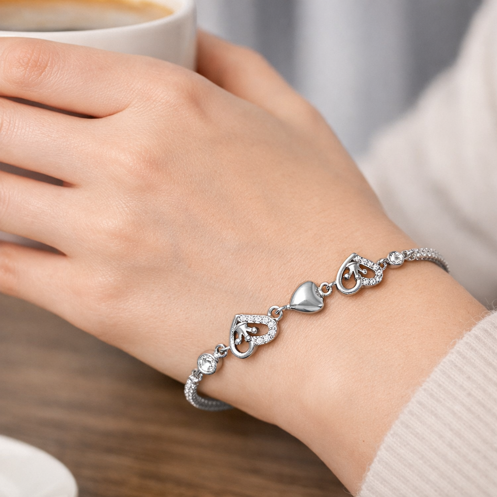 Interlocking Heart Charm Silver Tennis Bracelet