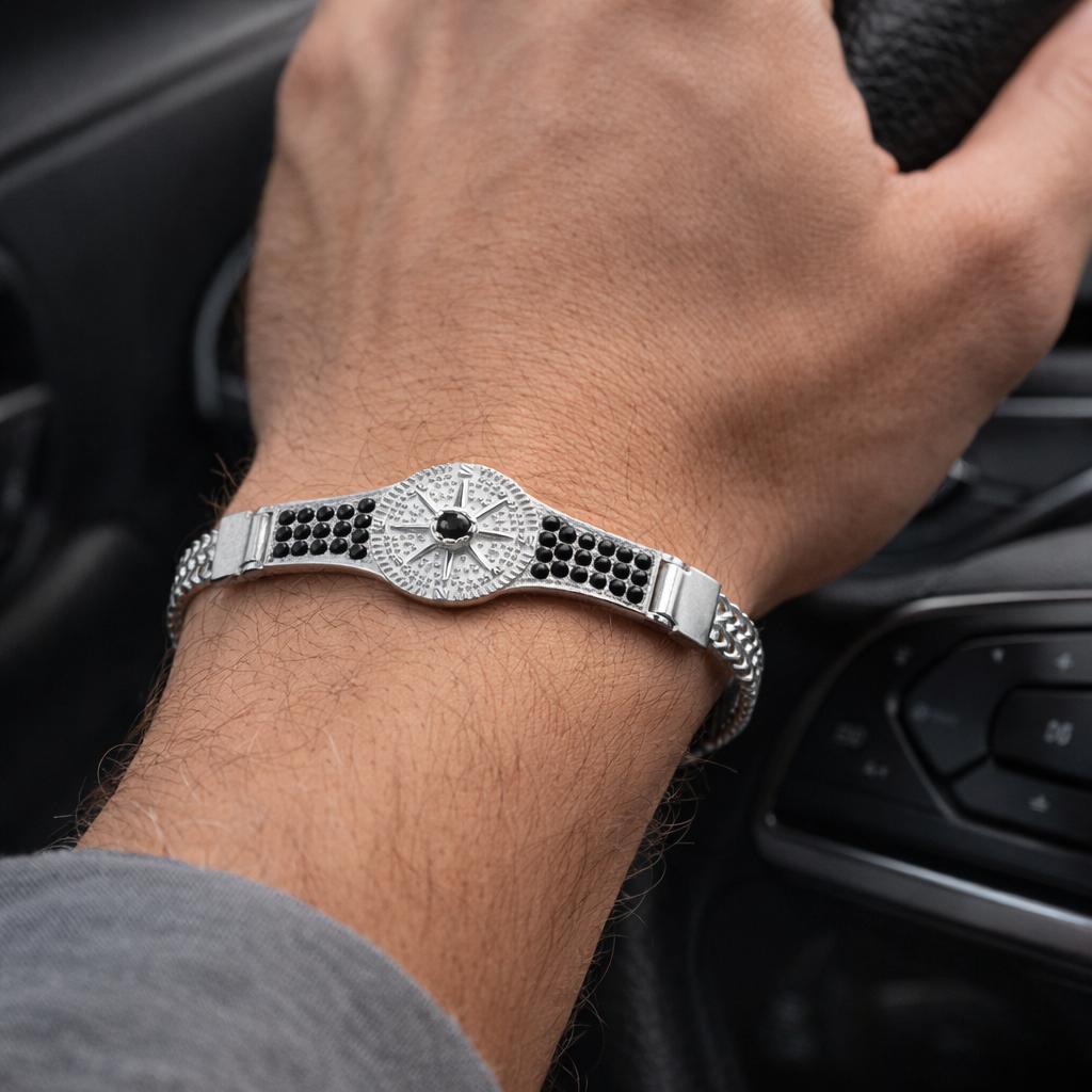 Celestial Compass Men's Silver Bracelet with Black Accents