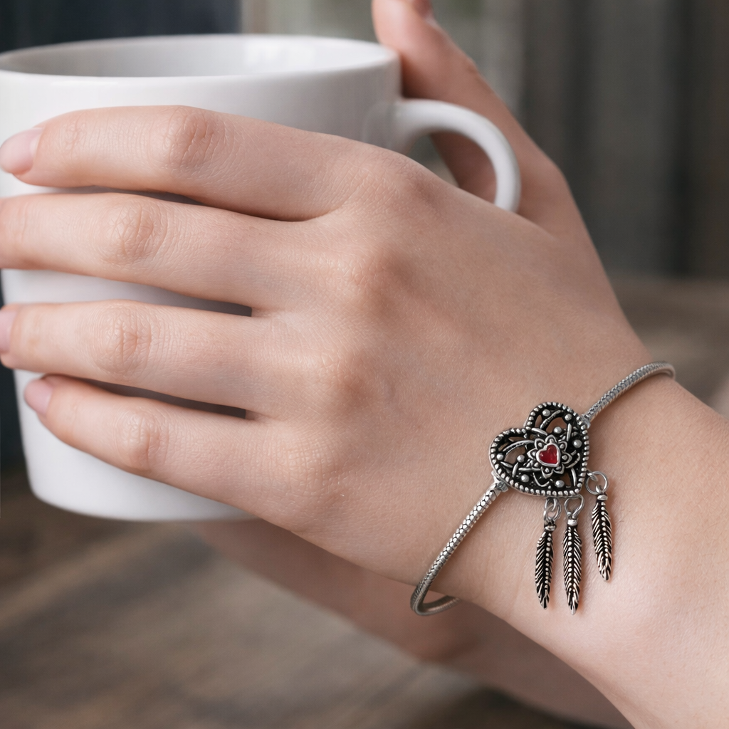 Dreamcatcher Heart Silver Bracelet with Red Accent and Feathers