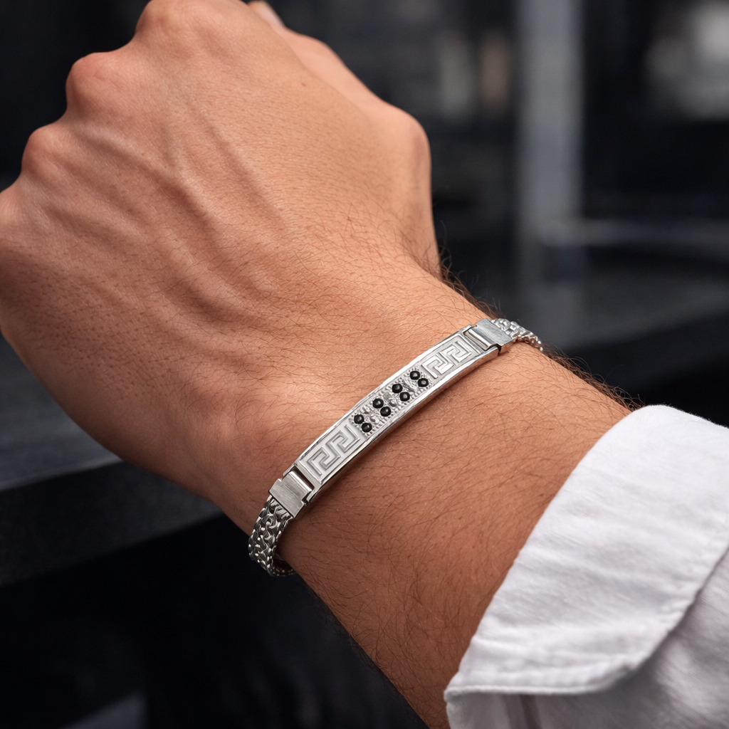 Men's Silver Greek Key Bracelet with Black Stones and Woven Chain
