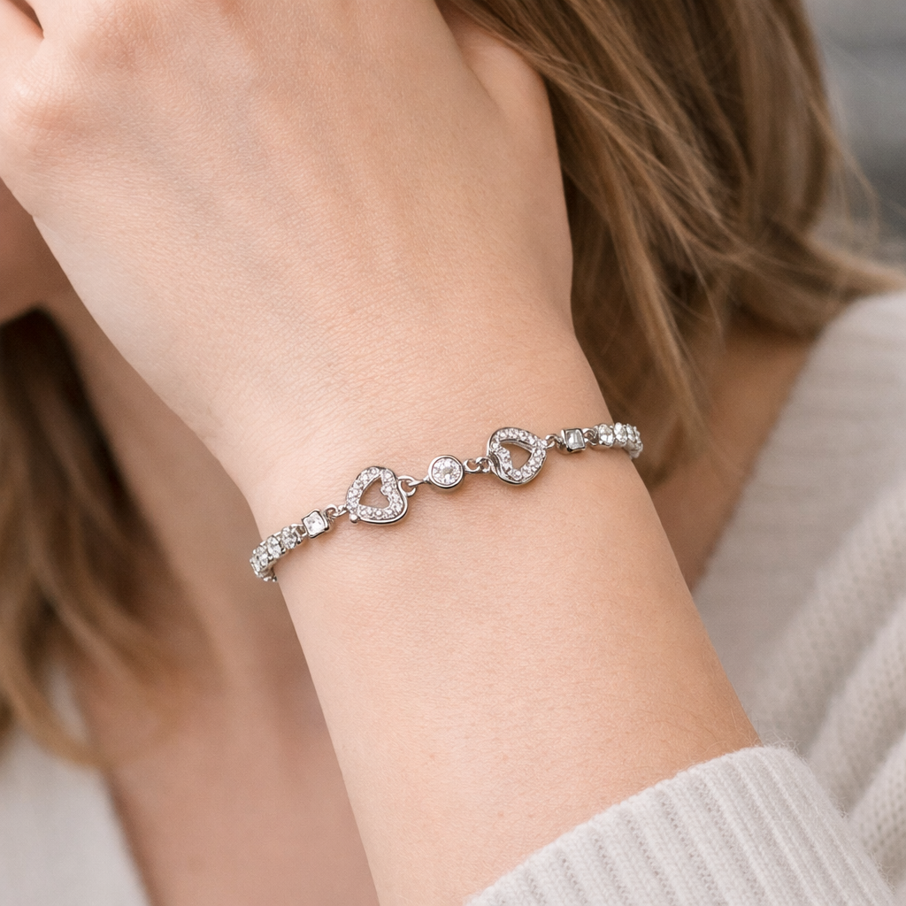 Double Heart Silver Tennis Bracelet